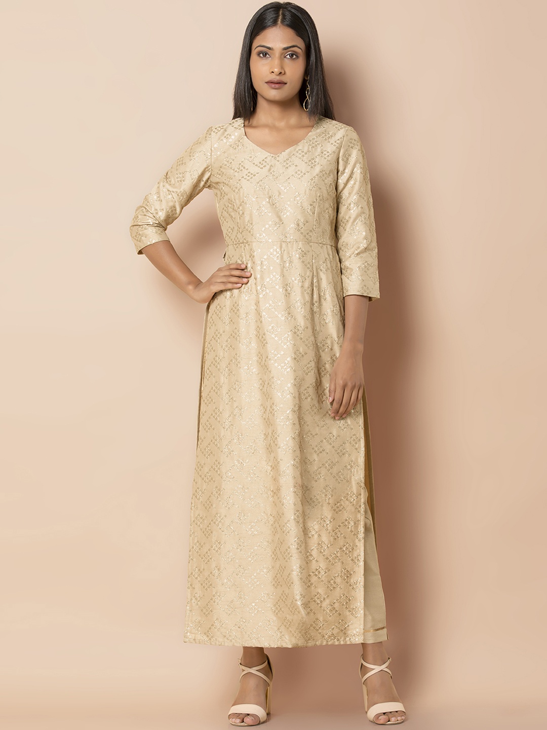 

INDYA Women Beige Embroidered Straight Kurta