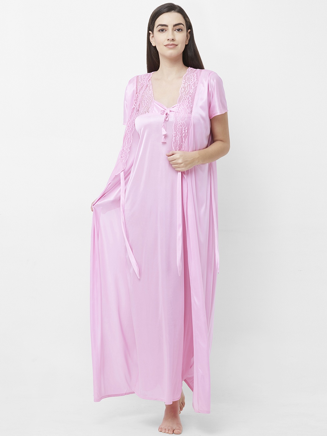 

FashionRack Pink Solid Nightdress with Robe
