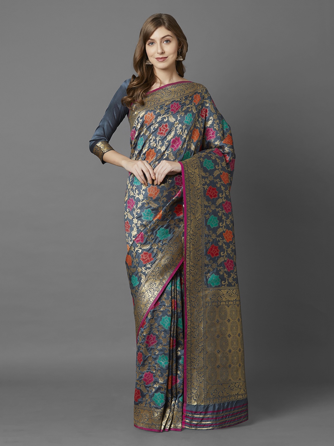 

Mitera Grey Silk Blend Woven Design Banarasi Saree