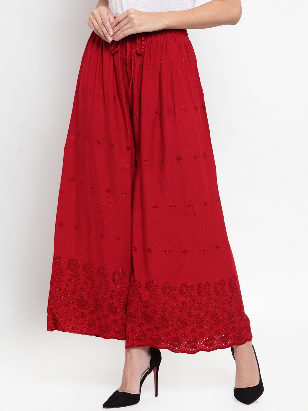 

Clora Creation Women Maroon Embroidered Wide Leg Palazzos