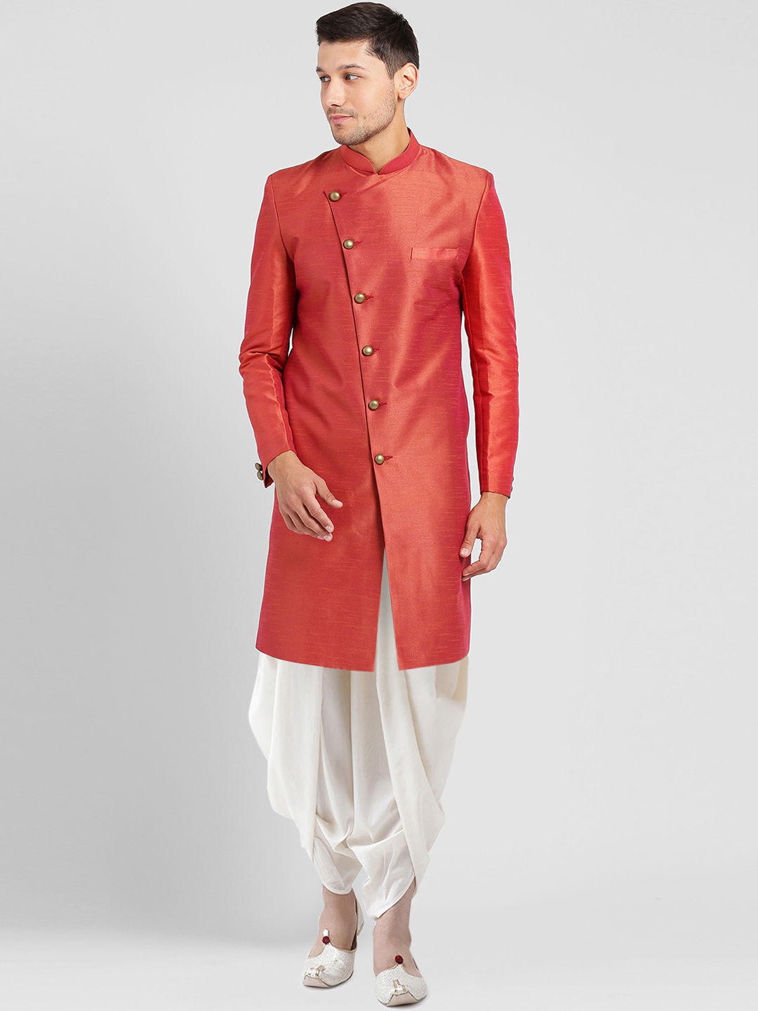 

KISAH Men Solid Silk Indowestern Sherwani Set, Coral