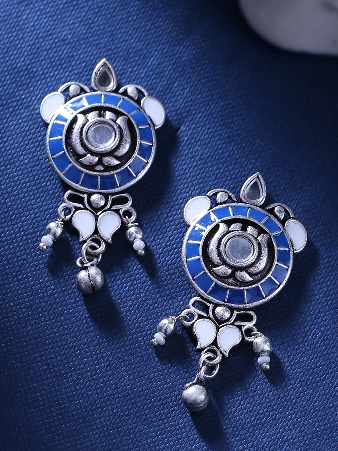 

Voylla Silver-Plated & Blue Contemporary Oxidised Drop Earrings
