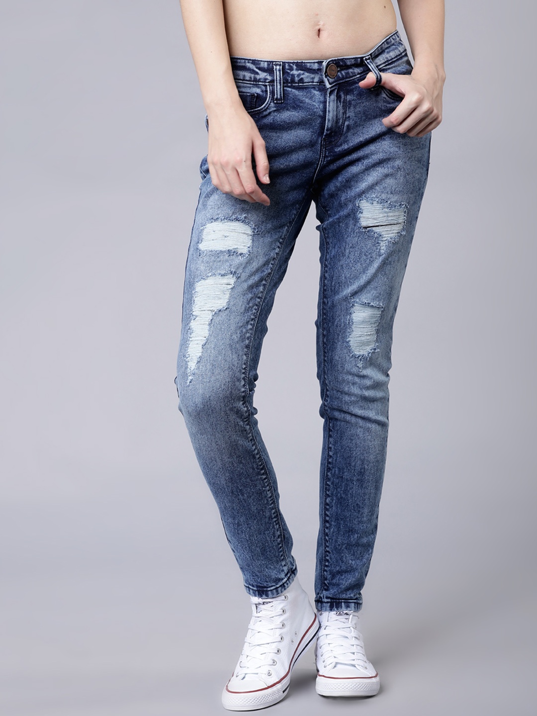 

Tokyo Talkies Women Blue Super Skinny Fit Mid-Rise Highly Distressed Stretchable Jeans