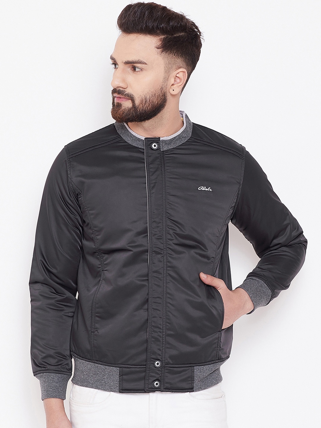 

Adobe Men Black Solid Windcheater and Water Resistant Padded Jacket