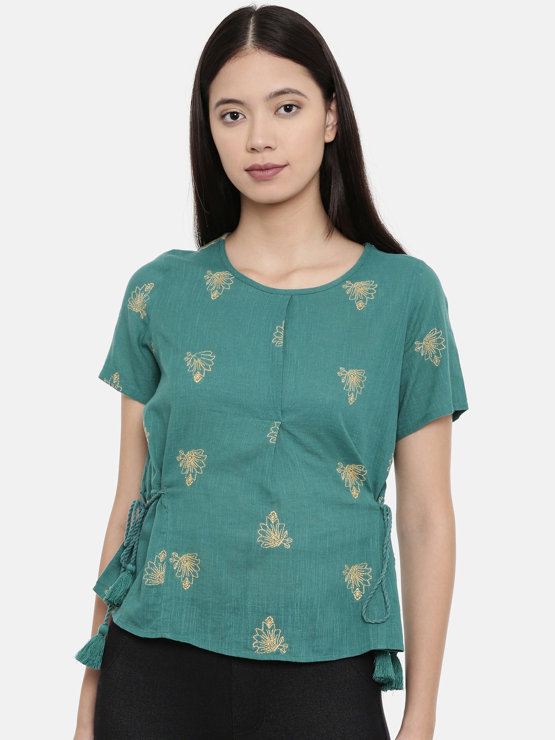 

Chumbak Women Teal Green Embellished Pure Cotton Top
