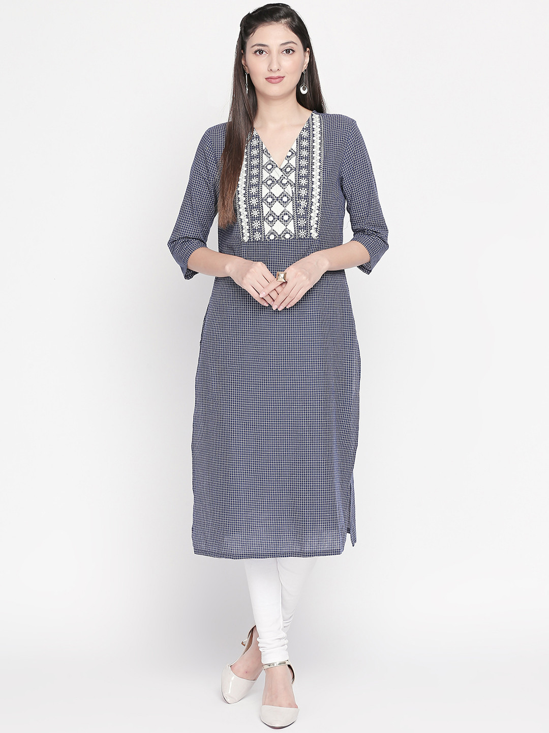 

RANGMANCH BY PANTALOONS Women Navy Blue Checked Straight Kurta