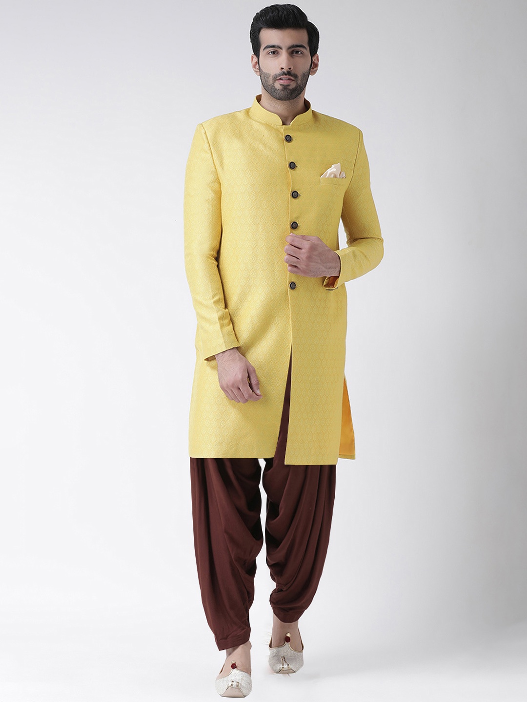 

Kisah Men Yellow & Brown Jacquard Woven Design Sherwani Set
