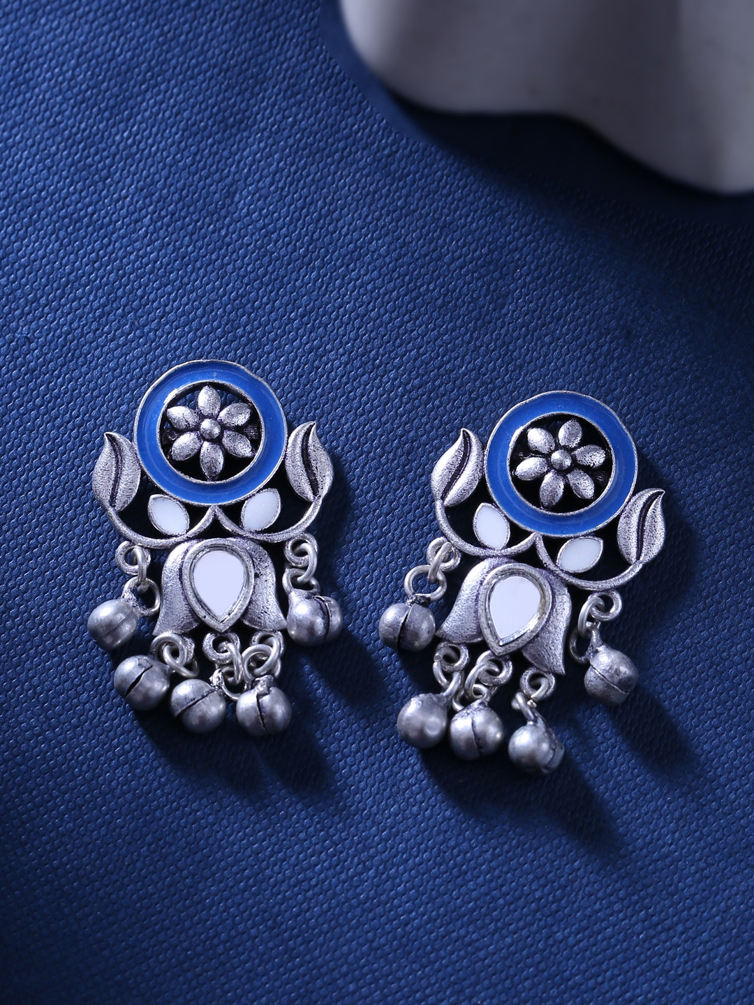 Voylla Silver-Plated & Blue Contemporary Oxidised Drop Earrings