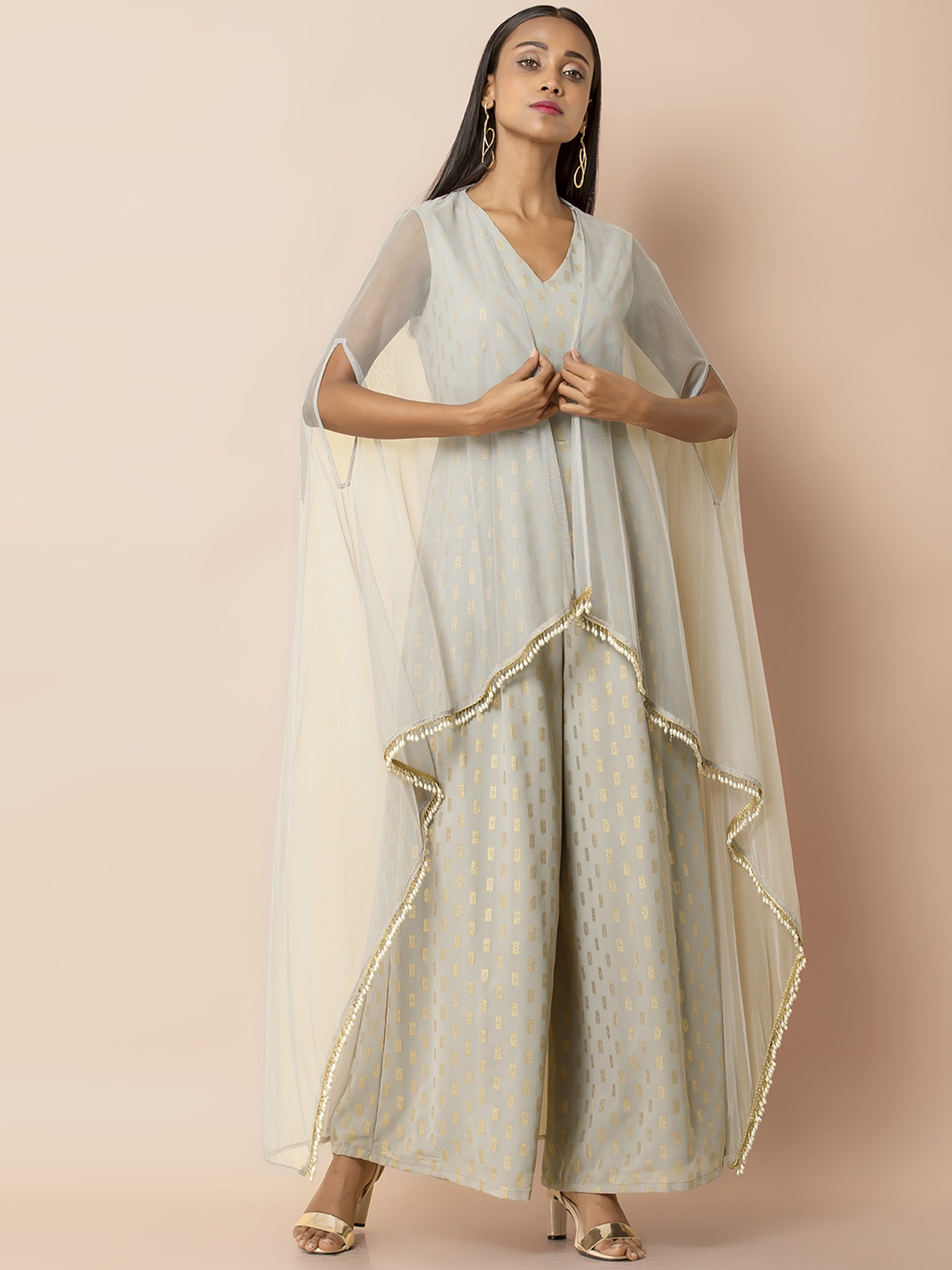 

INDYA Women Grey Foil Jumpsuit with Attached Mesh Cape