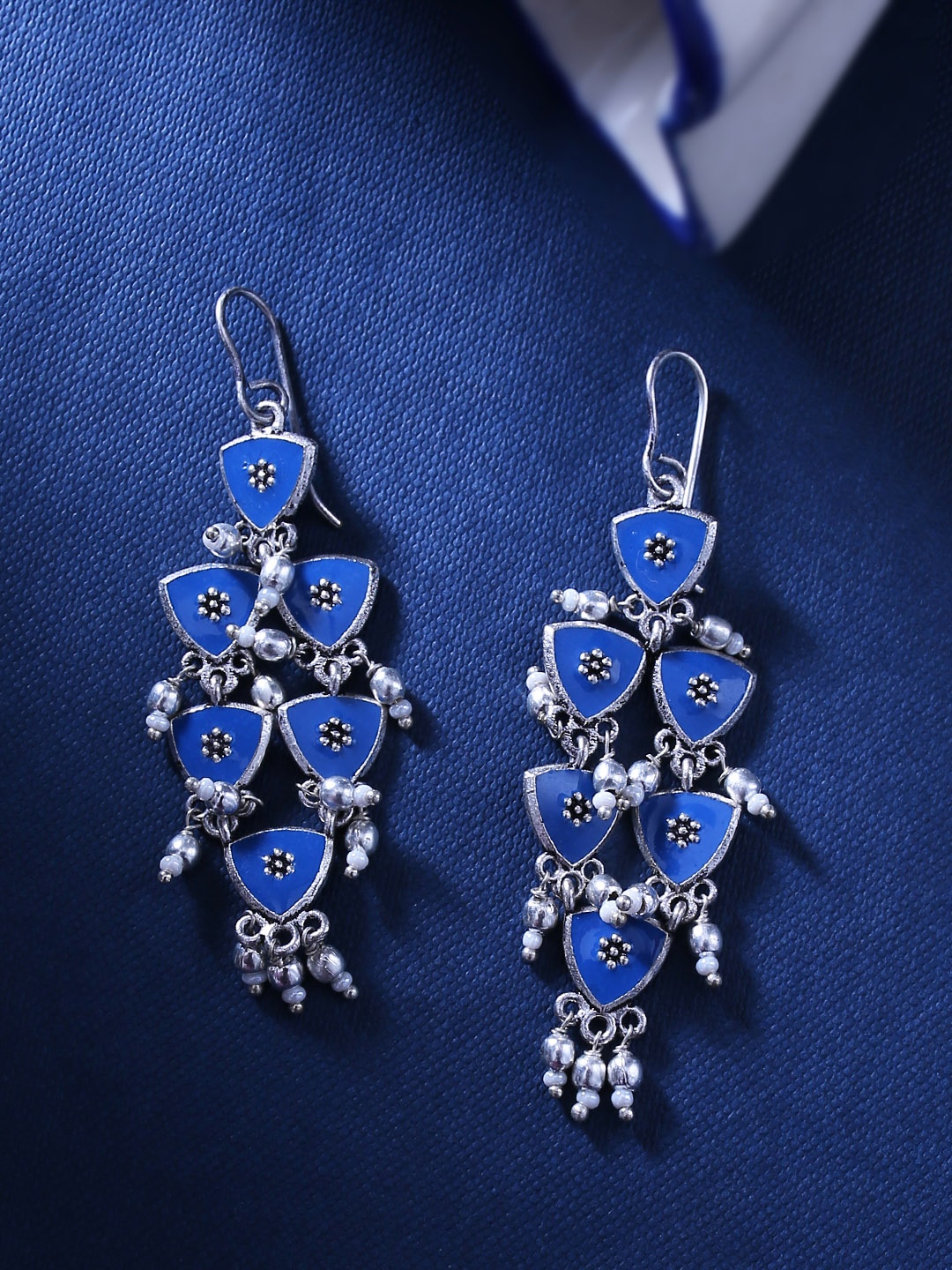 

Voylla Silver-Plated & Blue Contemporary Oxidised Drop Earrings
