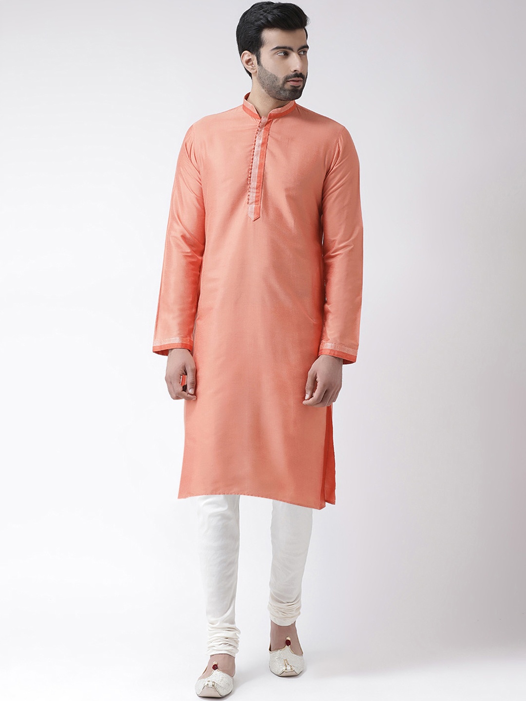 

KISAH Men Coral Orange & White Solid Kurta with Churidar