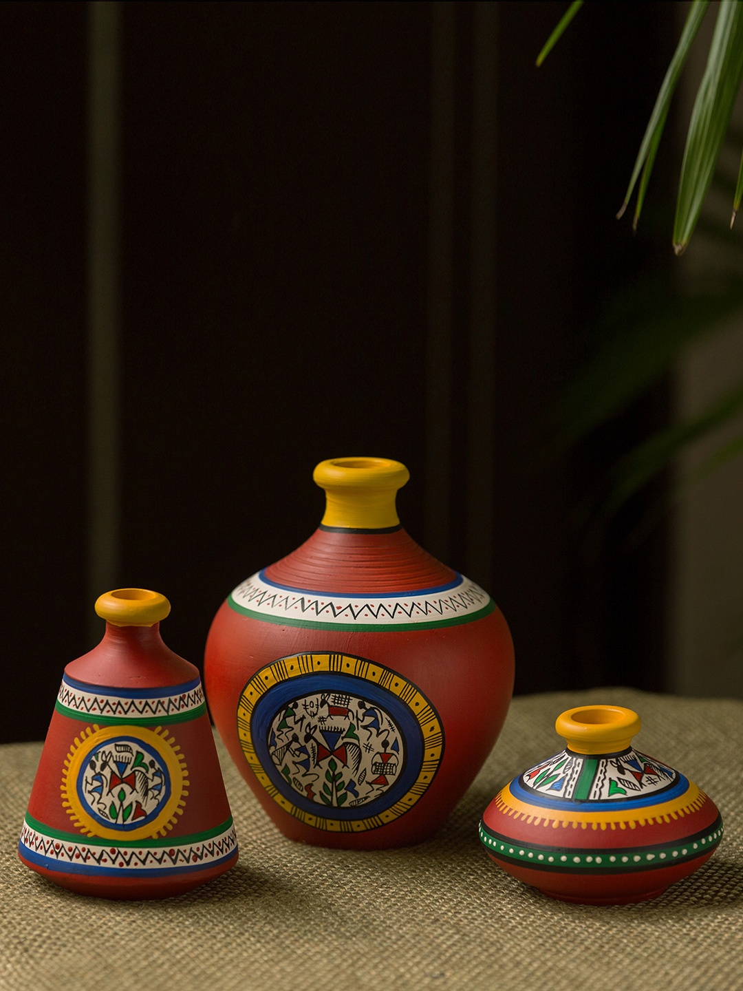 

ExclusiveLane Set of 3 Red Warli Matkis Terracotta Vases