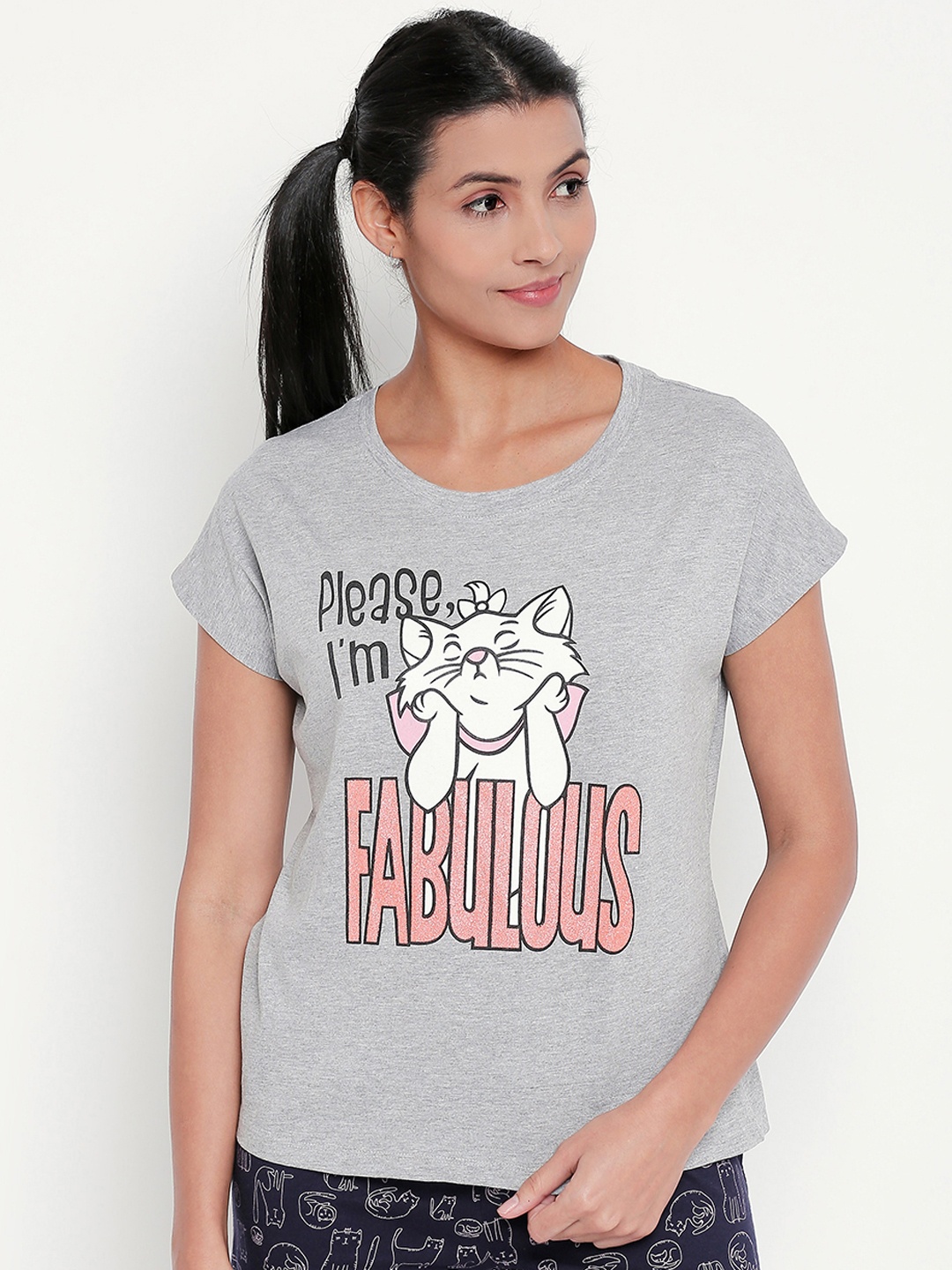 

Dreamz by Pantaloons Women Grey Printed Round Neck Lounge T-shirt