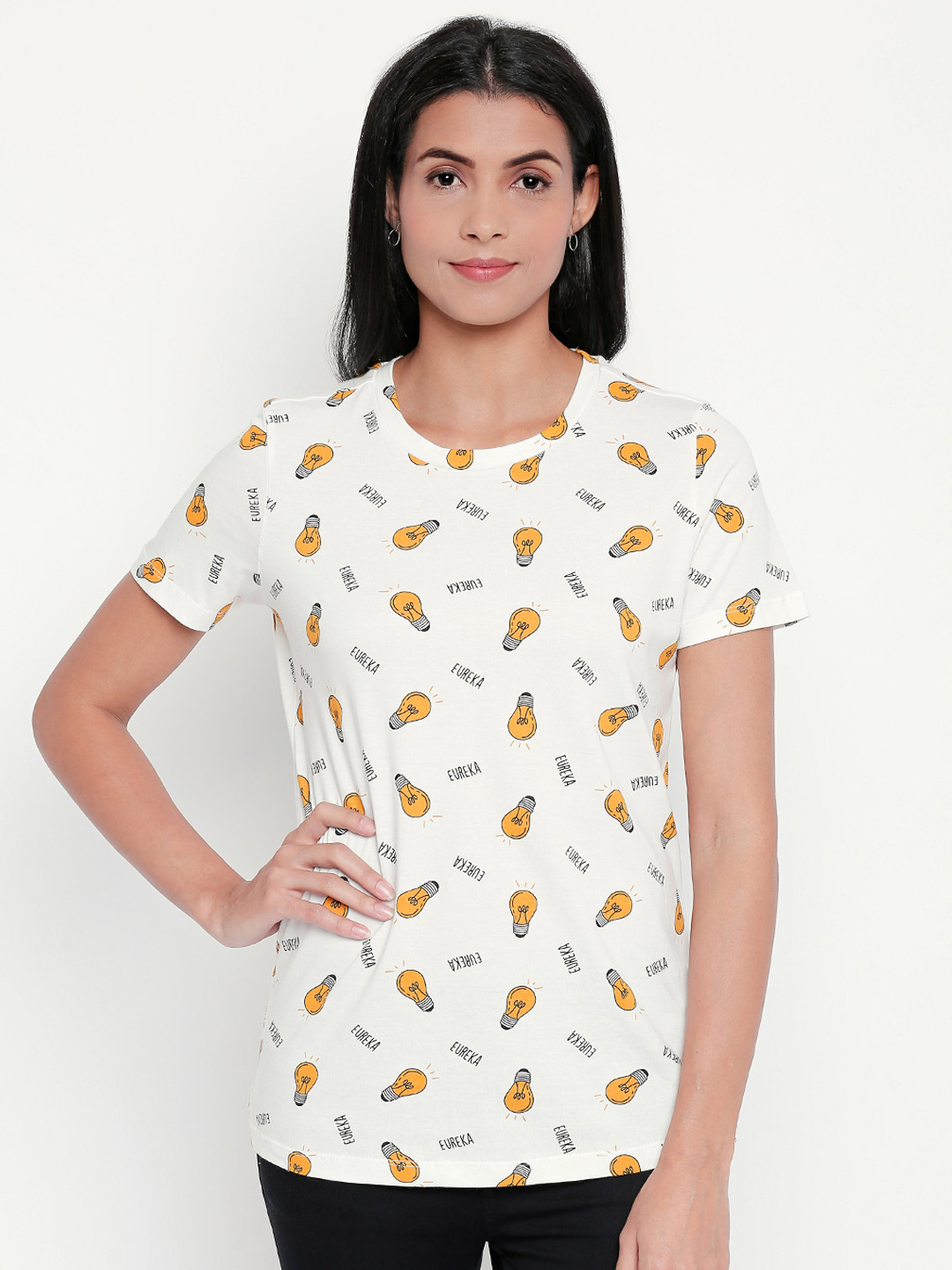

Honey by Pantaloons Women White Printed Round Neck Pure Cotton T-shirt