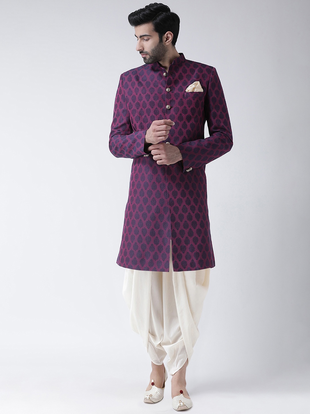 

KISAH Men Jacquard Woven Design Indowestern Sherwani Set, Purple
