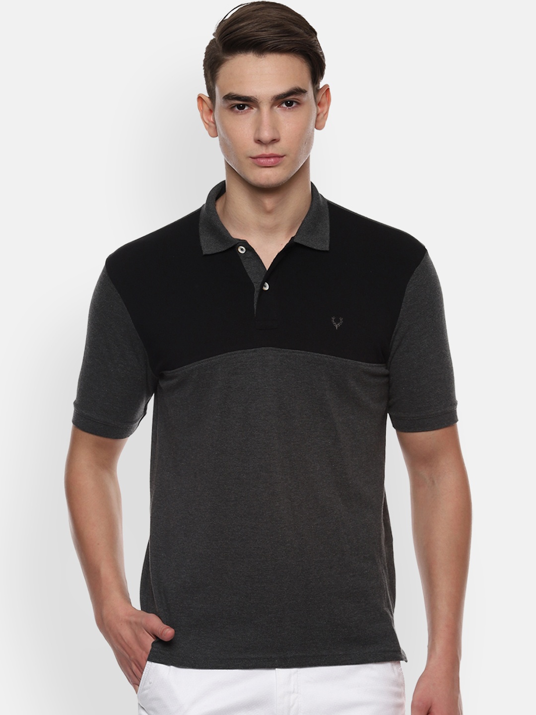 

Allen Solly Men Grey & Black Colourblocked Polo Collar T-shirt