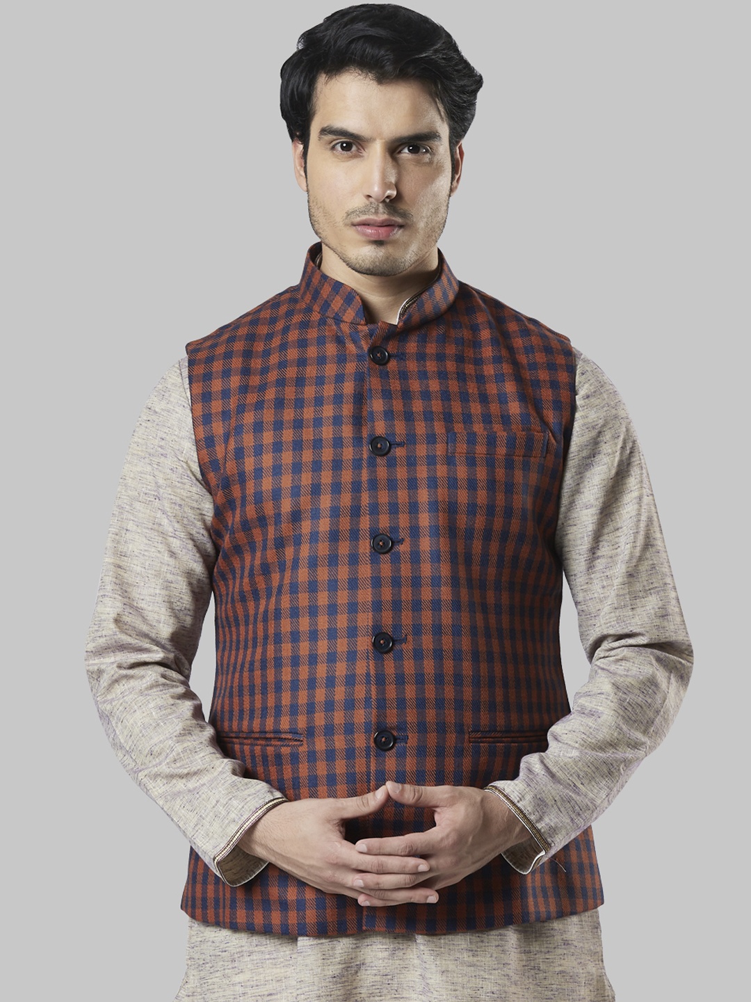 

Ethnix by Raymond Men Navy Blue & Rust Brown Checked Nehru Jacket