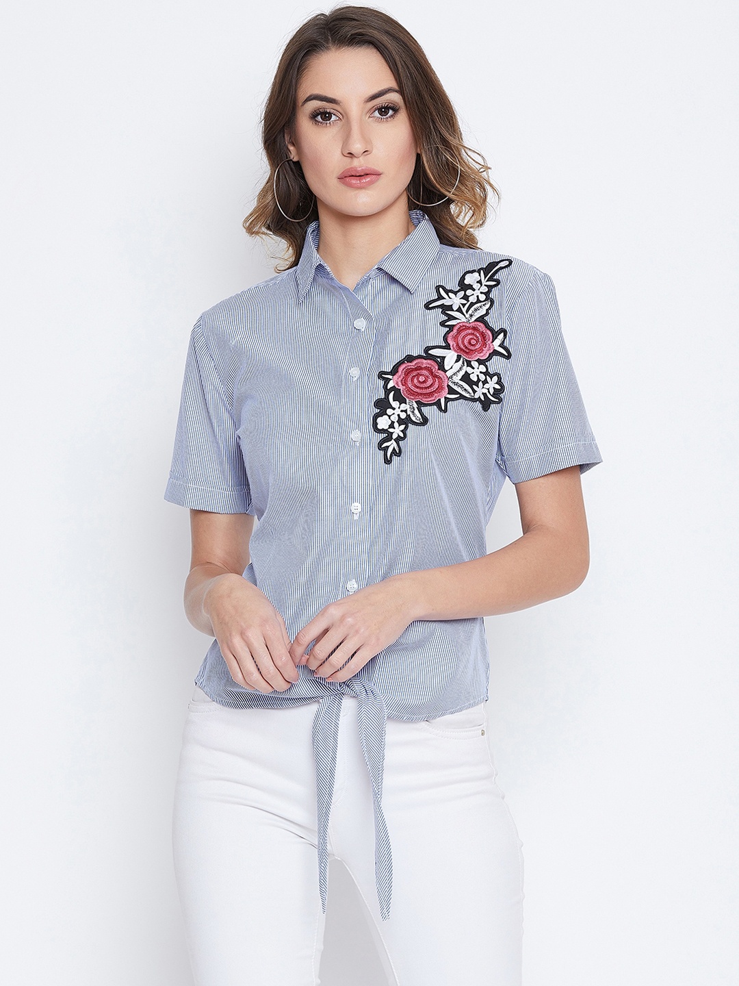 

JUMP USA Women White & Blue Regular Fit Striped Casual Shirt