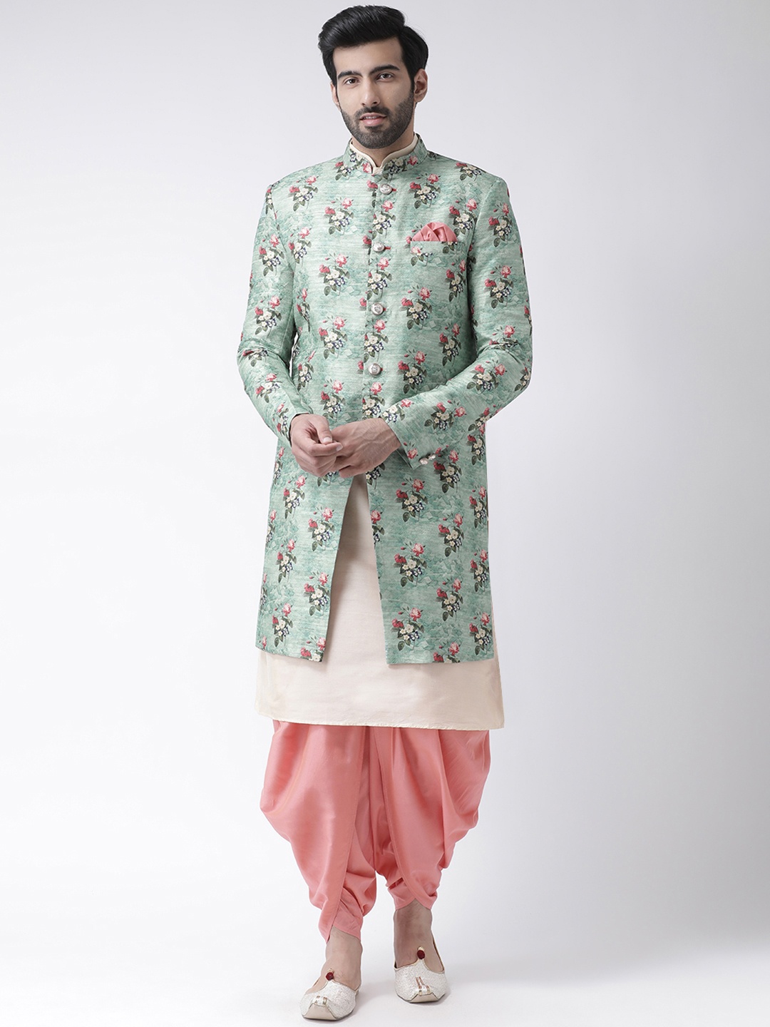 

KISAH Men Sea Green & Peach Printed Bhagalpuri Silk Indowestern Sherwani With Dhoti