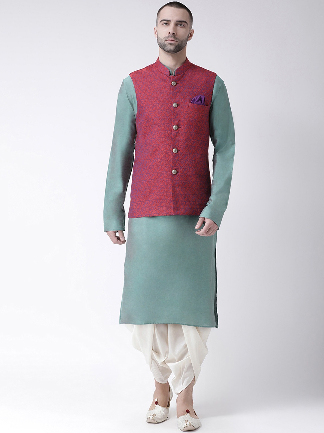 

KISAH Men Green & Off-White Solid Jacquard Kurta Set