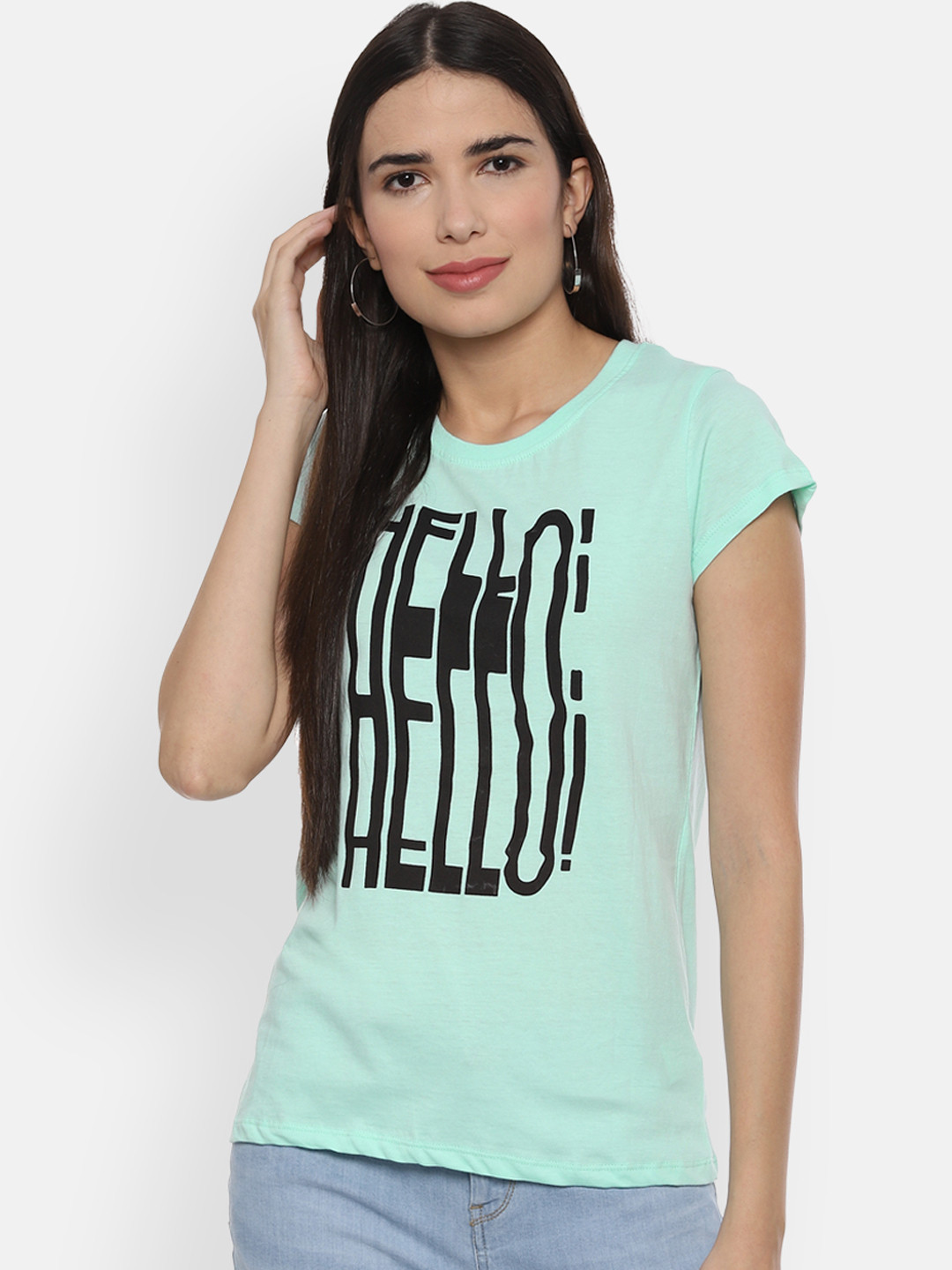

People Women Sea Green Printed Round Neck Pure Cotton T-shirt