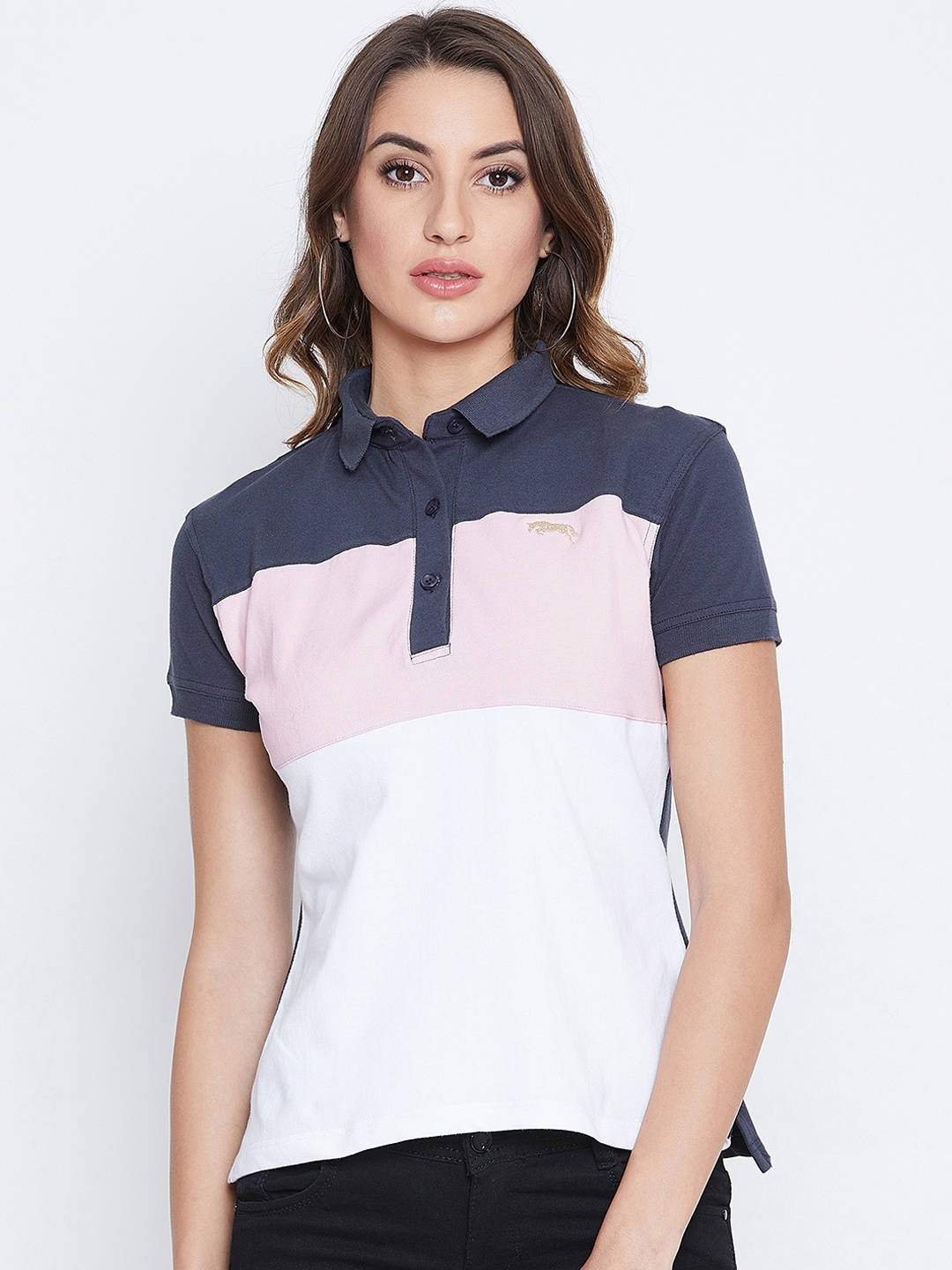 

JUMP USA Women Navy Blue Colourblocked Polo Collar T-shirt