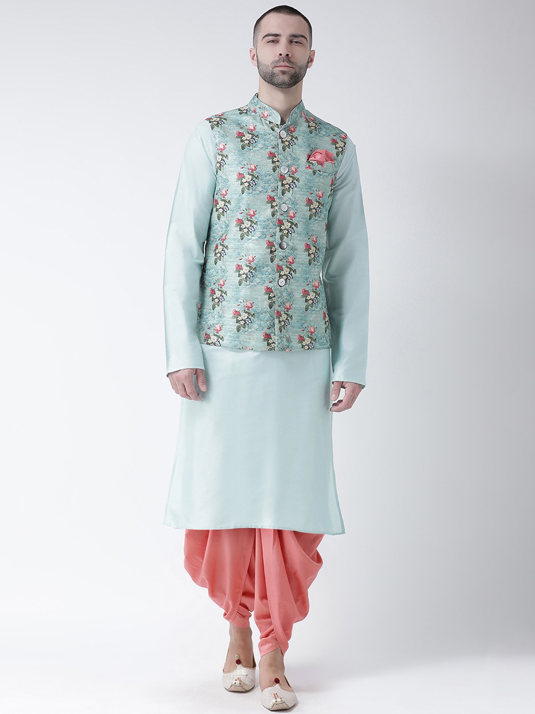 

KISAH Men Blue & Green Printed Kurta Set with Nehru Jacket