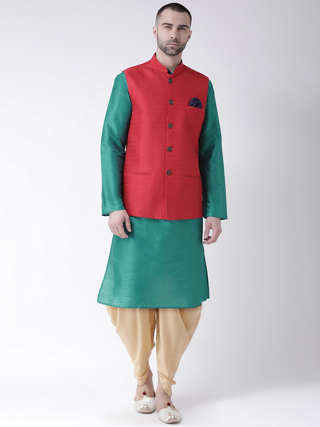 

KISAH Men Red & Green Self Design Kurta with Harem Pants