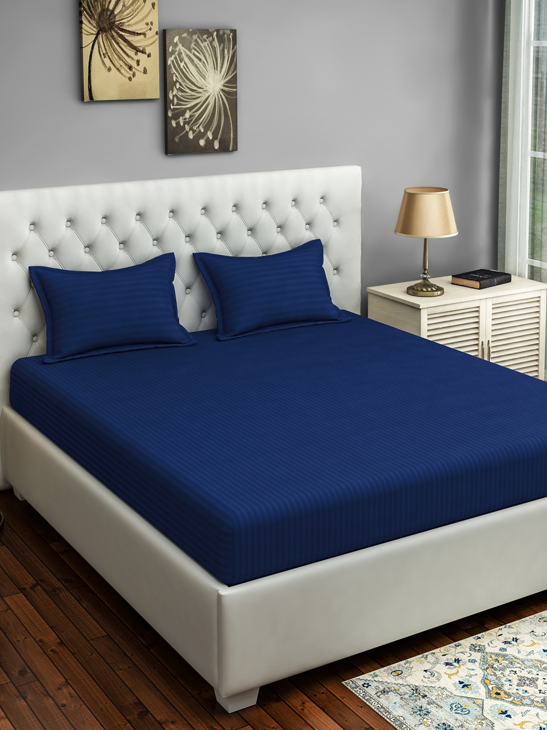 

SWAYAM Blue Sonata 300 TC 100% Self Design Cotton King Bedsheet Set, Navy blue
