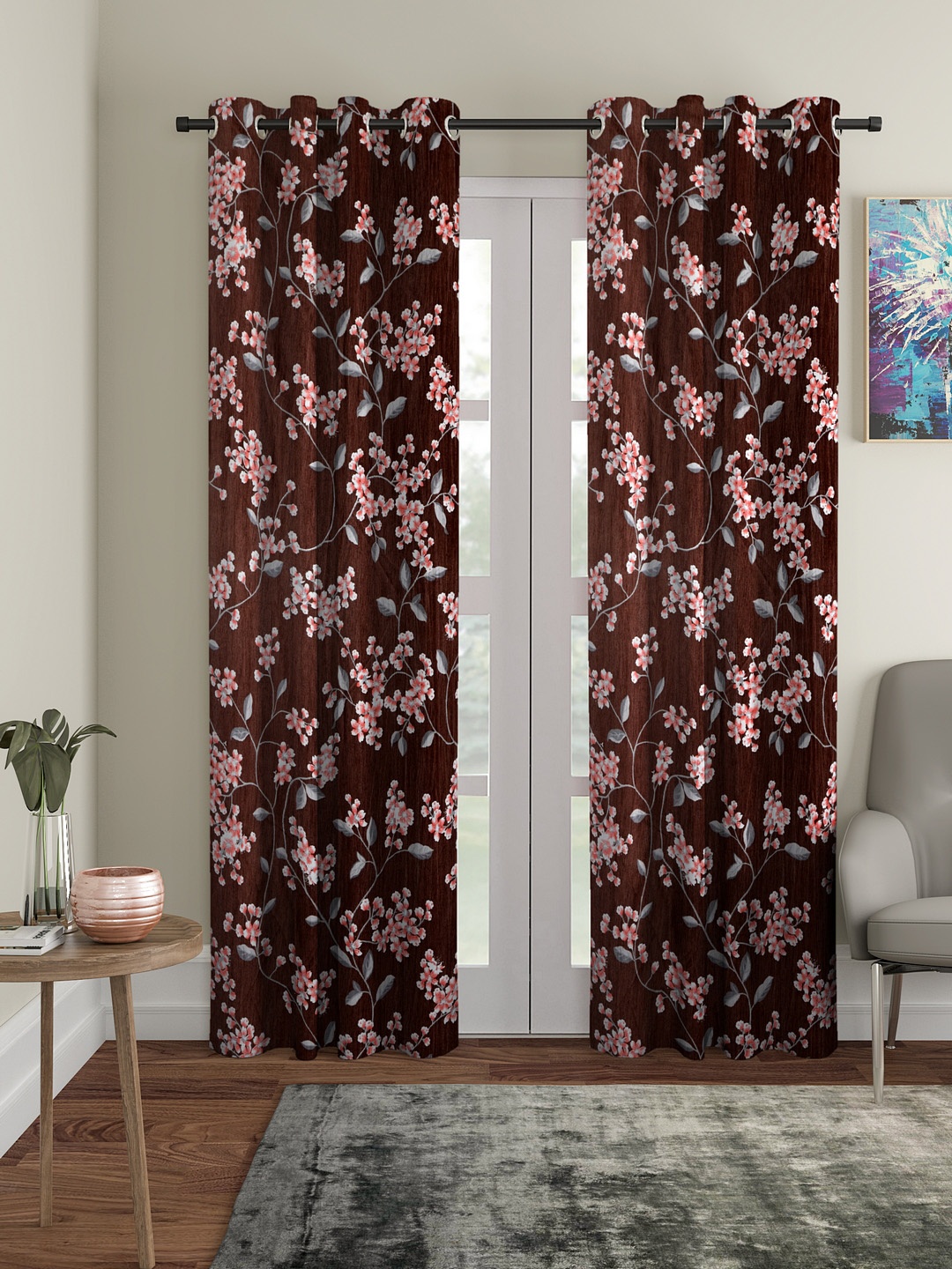 

Cortina Set of 2 Floral Printed Long Door Curtains, Brown