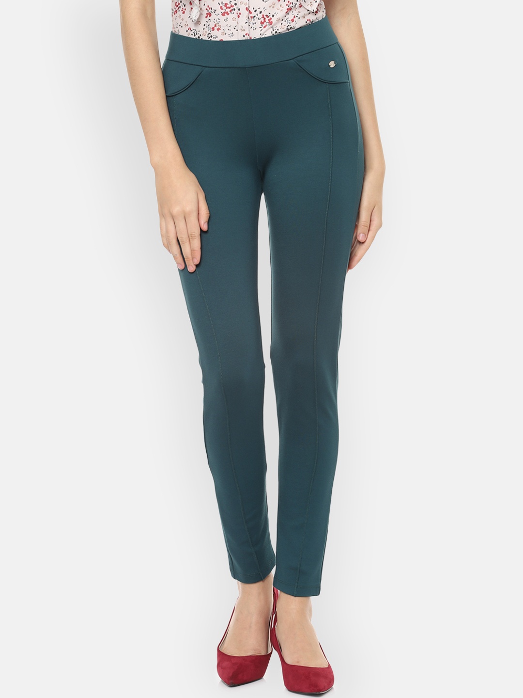 

Allen Solly Woman Teal Green Solid Regular Fit Treggings