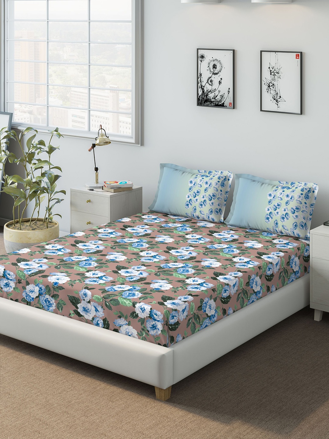 

DDecor Blue & Brown Floral 140 TC Cotton 1 Queen Bedsheet with 2 Pillow Covers