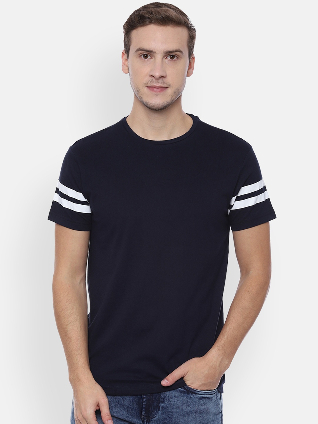 

People Men Navy Blue Solid Round Neck Pure Cotton T-shirt
