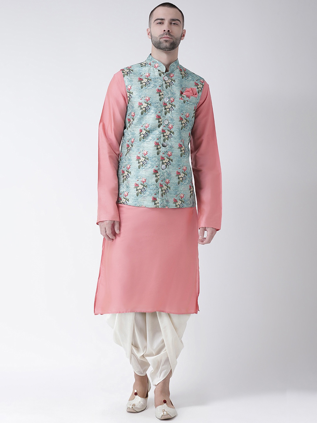 

KISAH Men Blue & Pink Printed Kurta & Dhoti Pants with Nehru Jacket Set