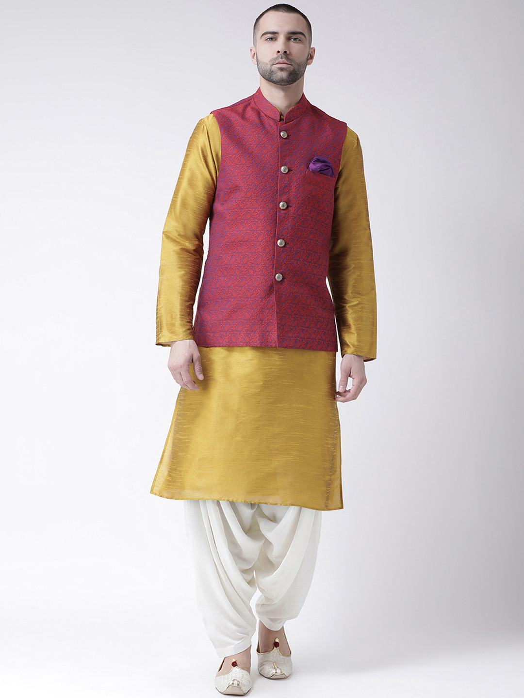 

KISAH Men Mustard Yellow & White Kurta Set