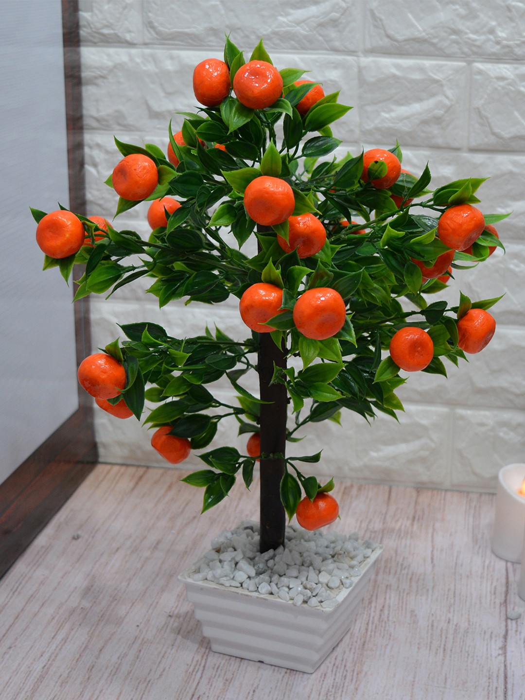 

fancy mart Unisex Orange & Green Artificial Bonsai Plant With Pot
