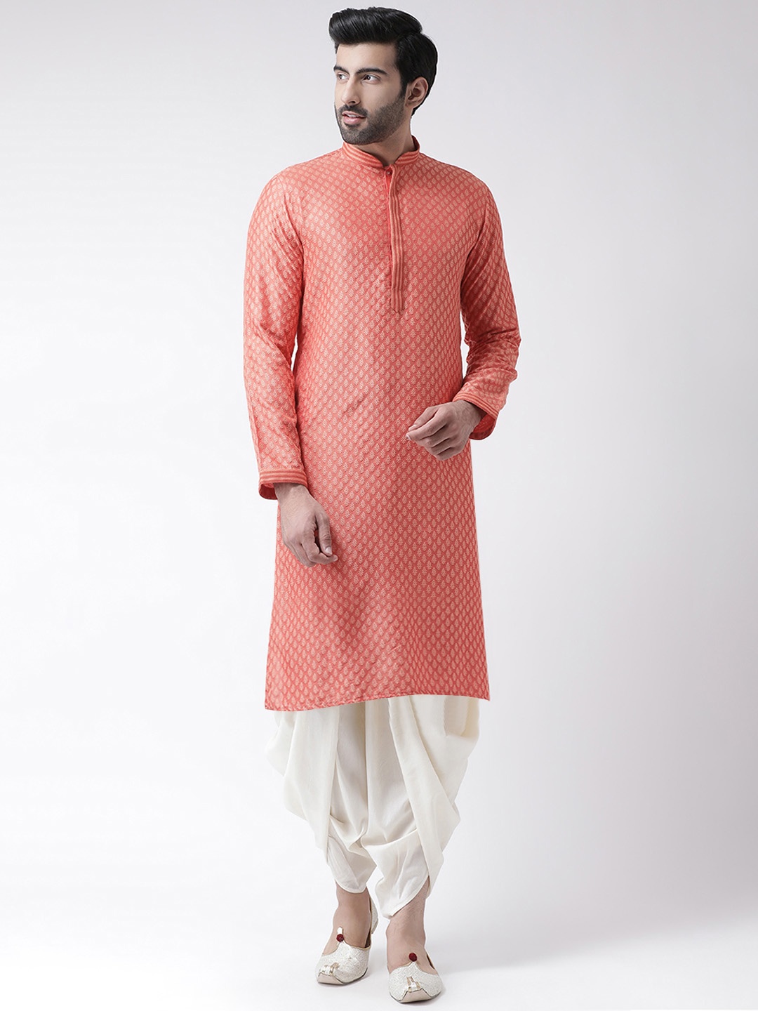 

KISAH Men Coral & Off-White Self Design Kurta with Dhoti Pants
