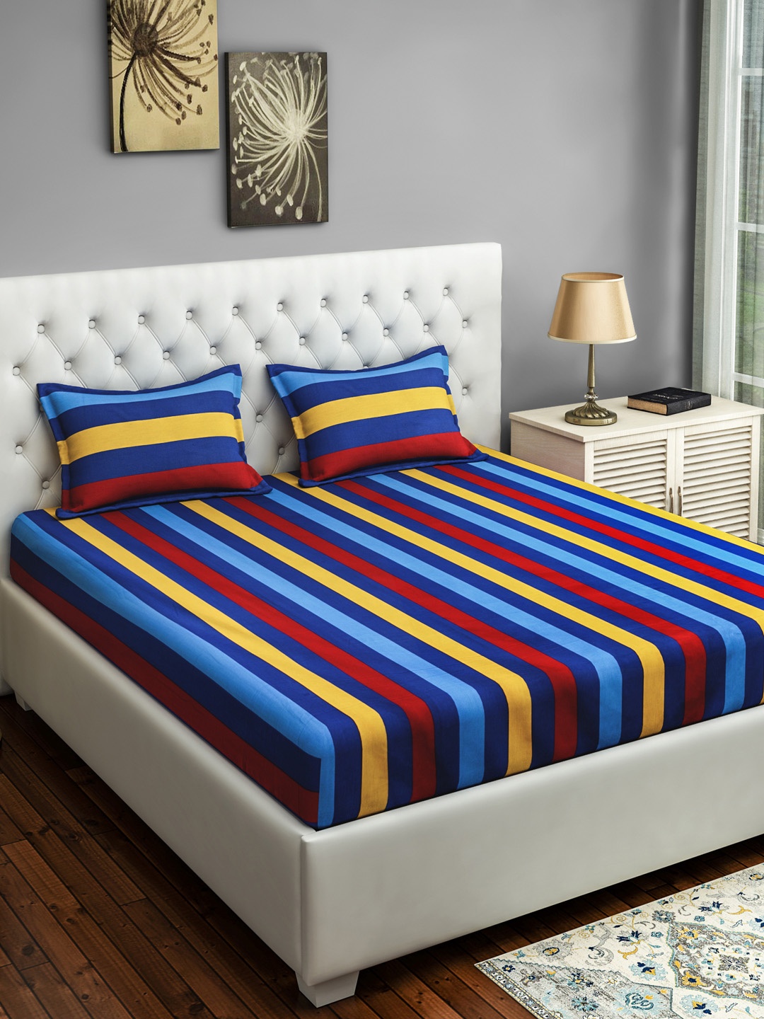 SWAYAM Blue & Yellow Striped 180 TC Cotton 1 Double XL Queen Bedsheet with 2 Pillow Covers