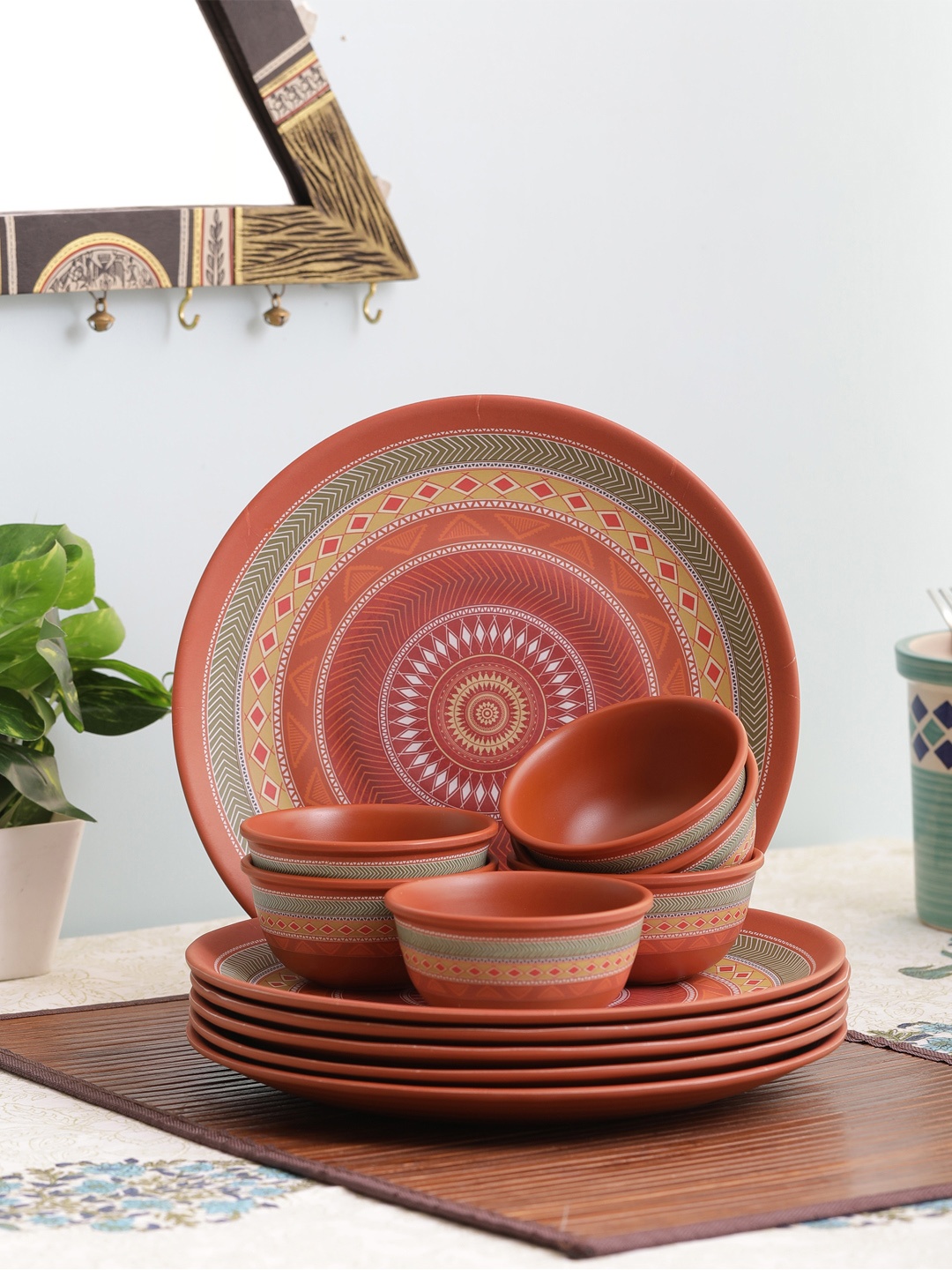 

Servewell Brown Set Of 12 Printed Tribal Art Melamine Dinner Set