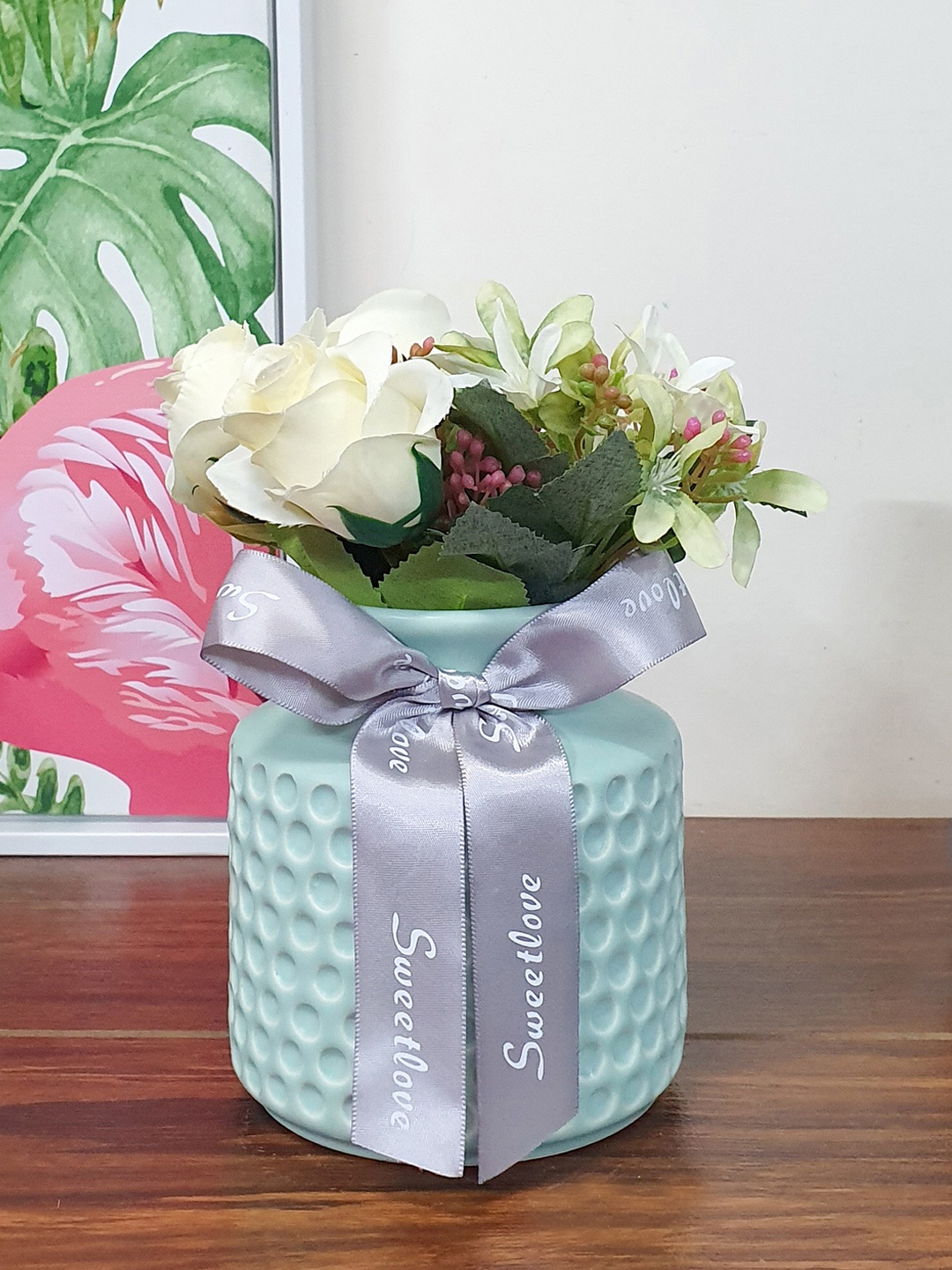 

Art Street Cream Artificial Rose Flowers With Ceramic Pot
