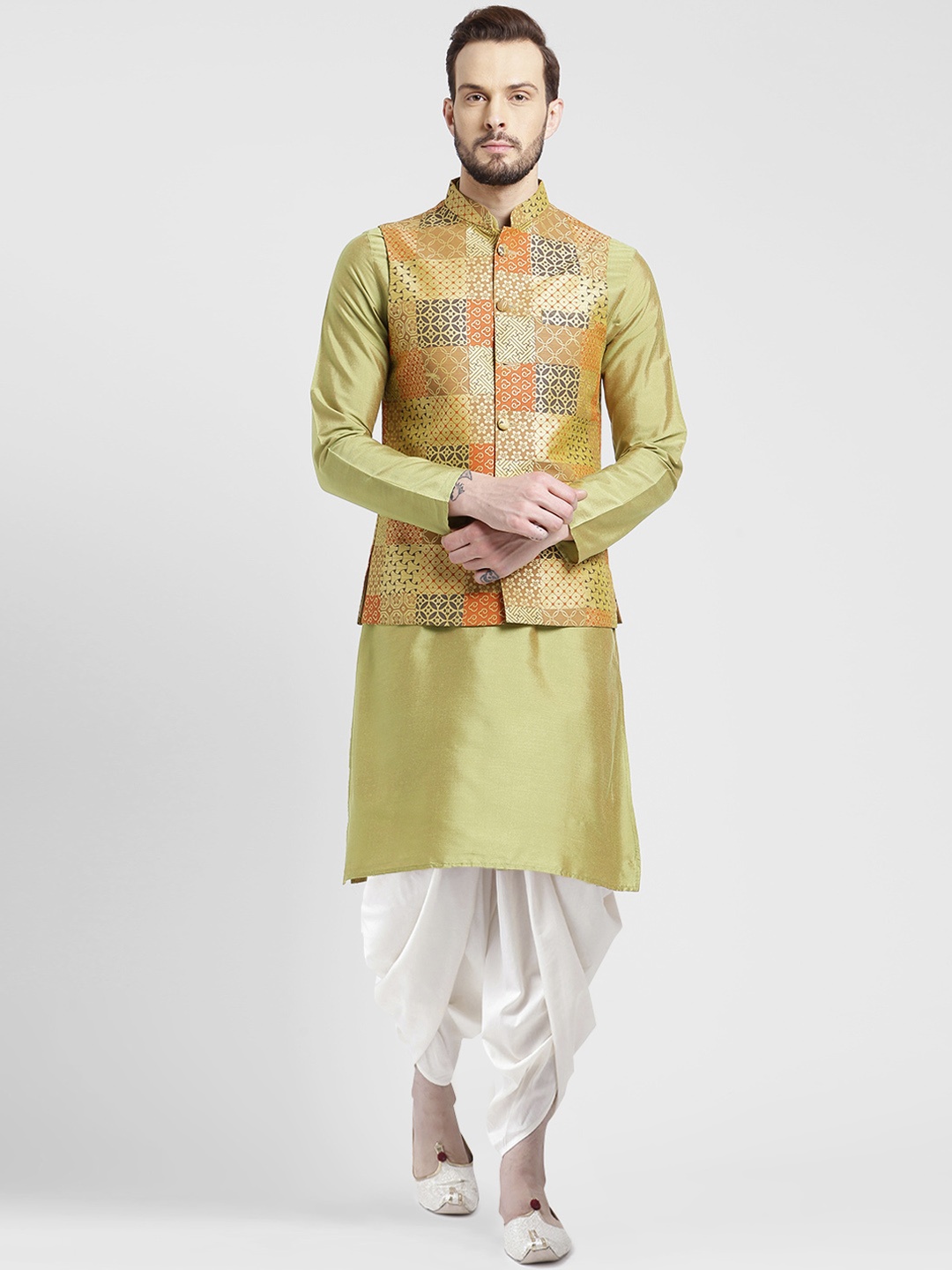 

KISAH Men Olive Green & Off-White Kurta & Dhoti Pants With Nehru Jacket Set