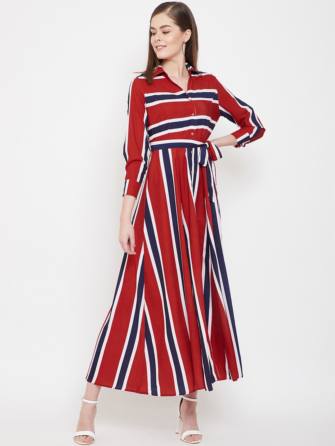 

PANIT Red & White Striped Crepe Shirt Maxi Dress