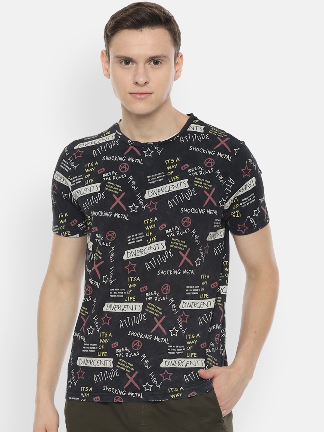 

People Men Black Printed Round Neck Pure Cotton T-shirt