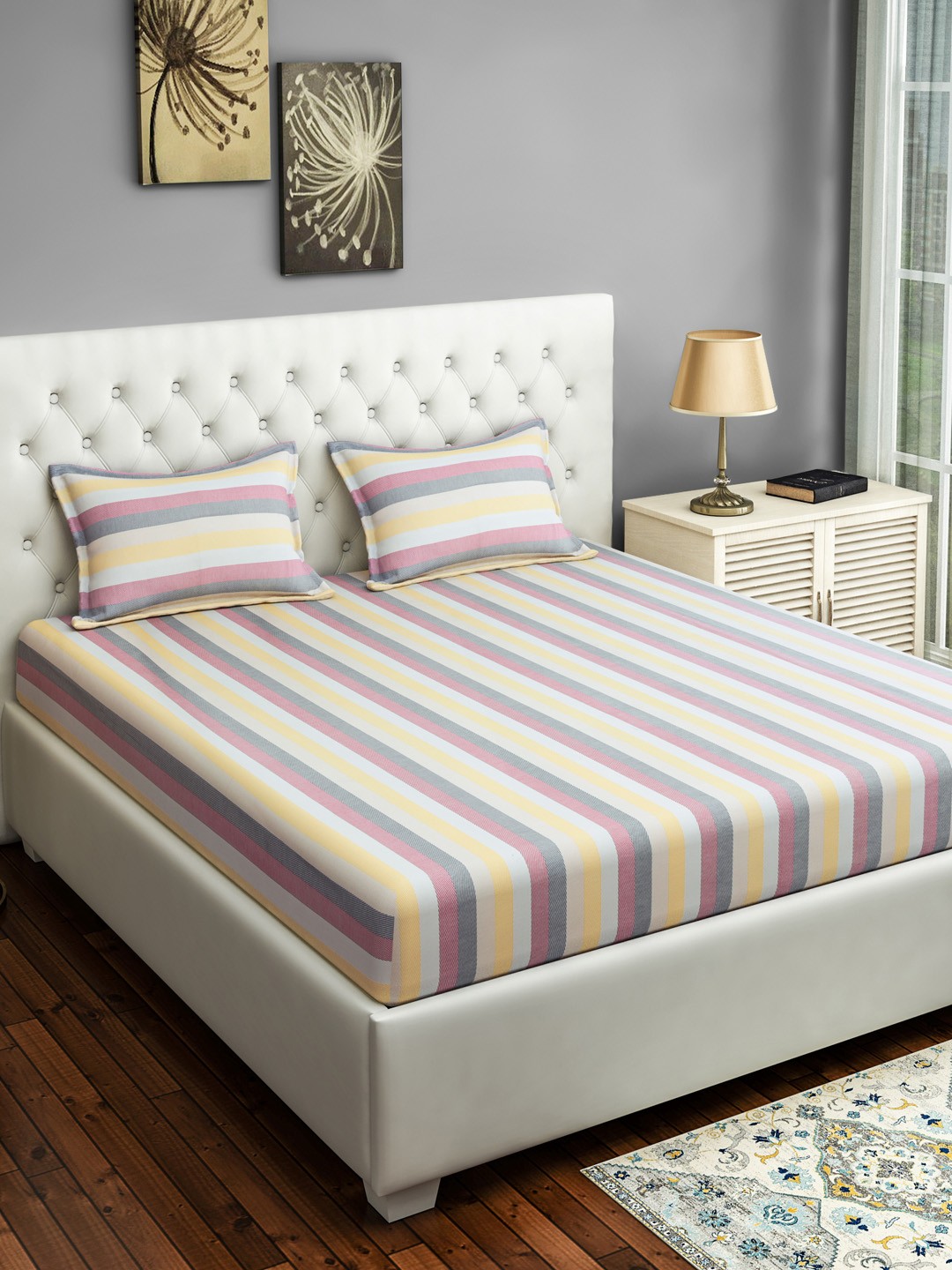 

SWAYAM Multicoloured Striped 180 TC Cotton 1 Double Queen Bedsheet with 2 Pillow Covers, Multi