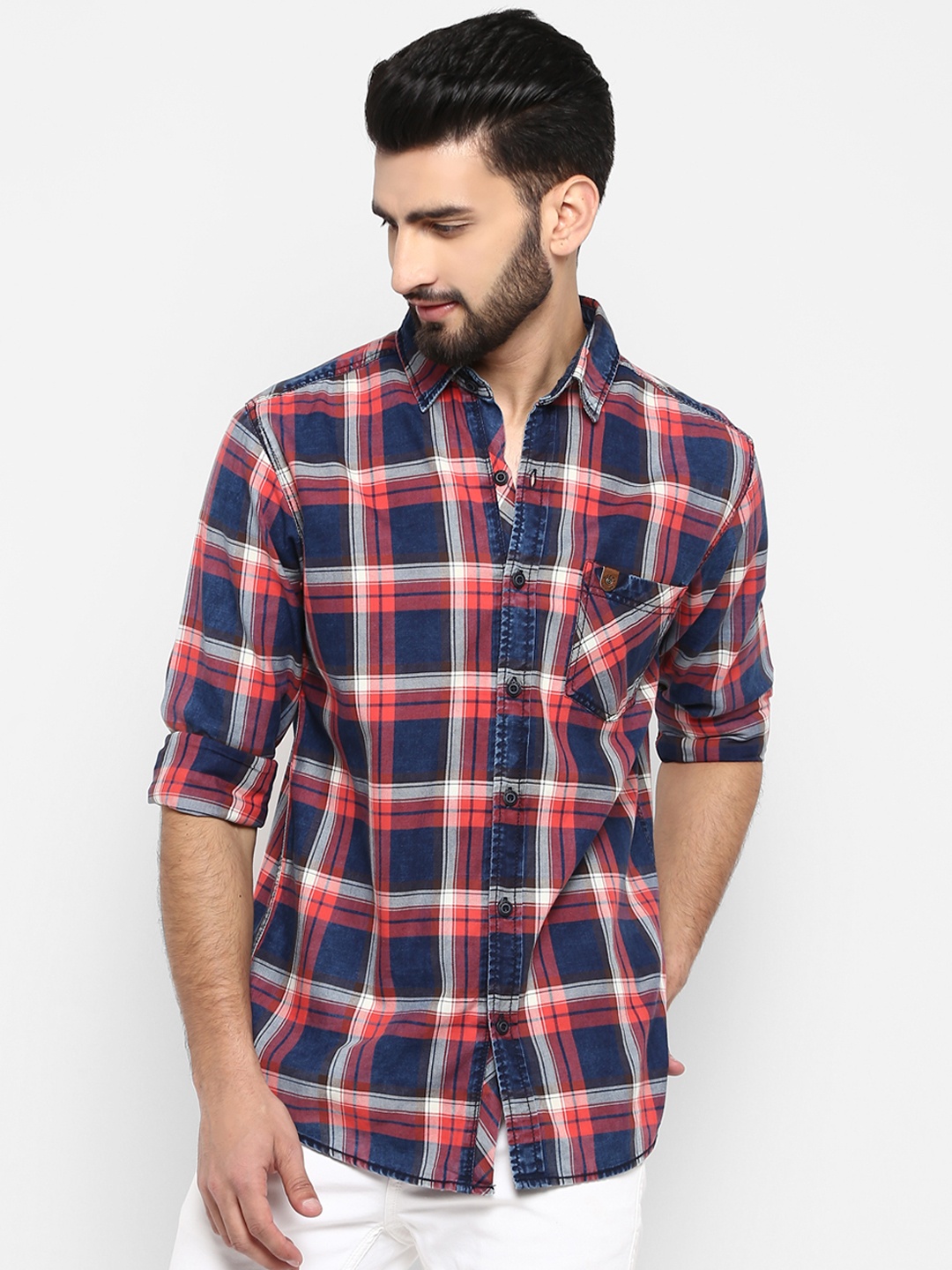

Mufti Men Blue & Red Slim Fit Checked Casual Shirt