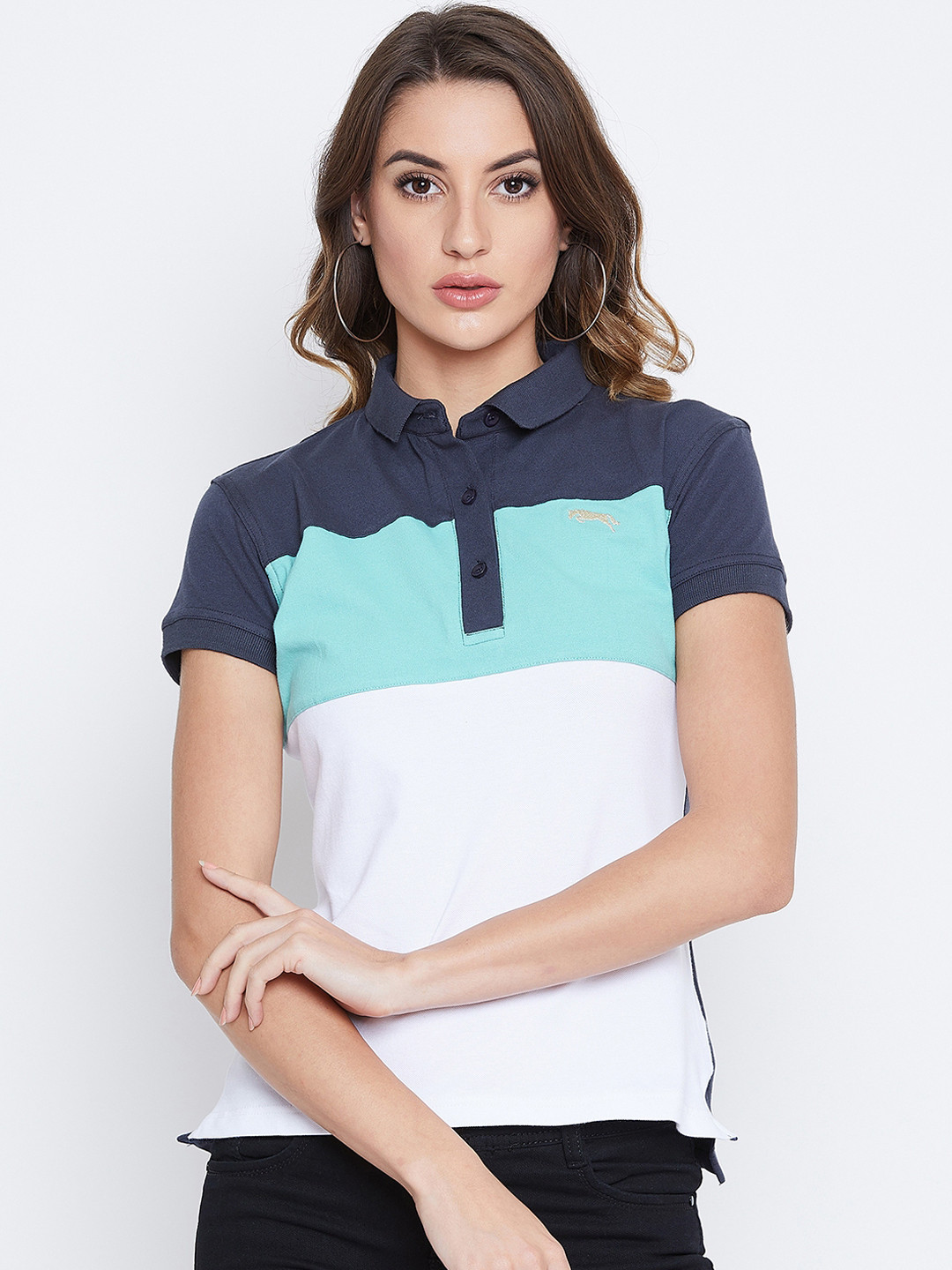 

JUMP USA Women Blue Colourblocked Polo Collar T-shirt