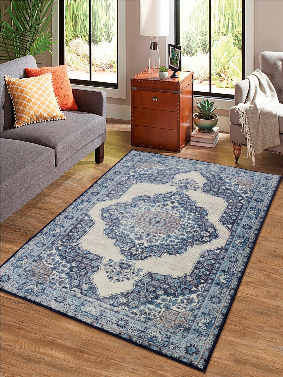 

RUGSMITH Premium Blue Floral Patterned No-Shred Carpet