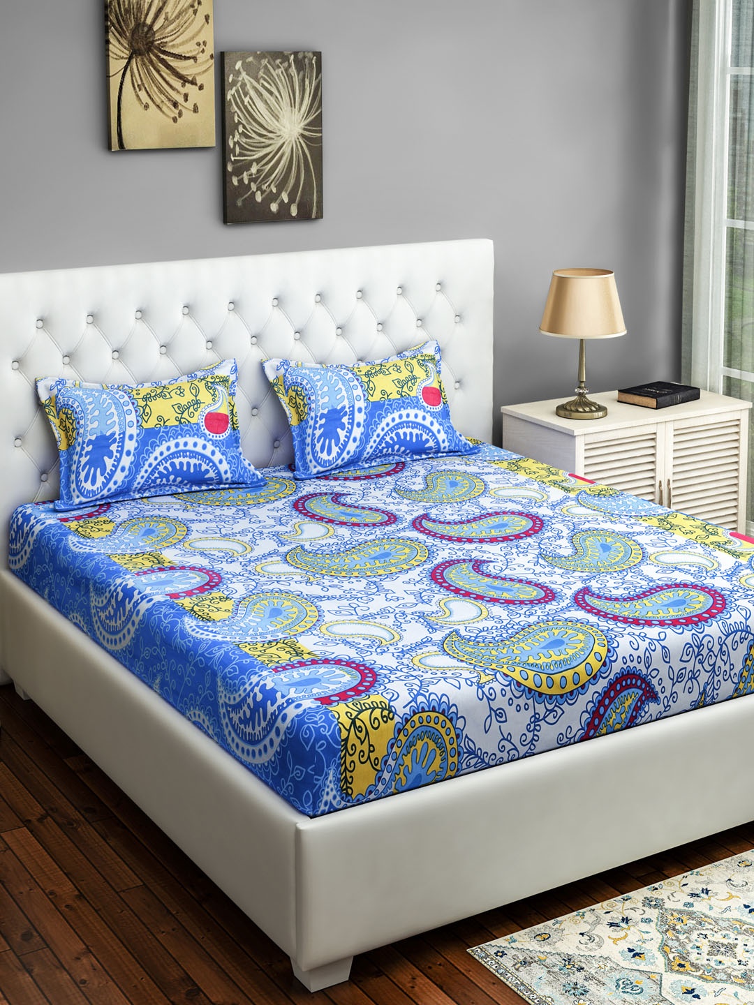 

SWAYAM Blue & Yellow Ethnic Motifs 160 TC Cotton 1 King Bedsheet with 2 Pillow Covers