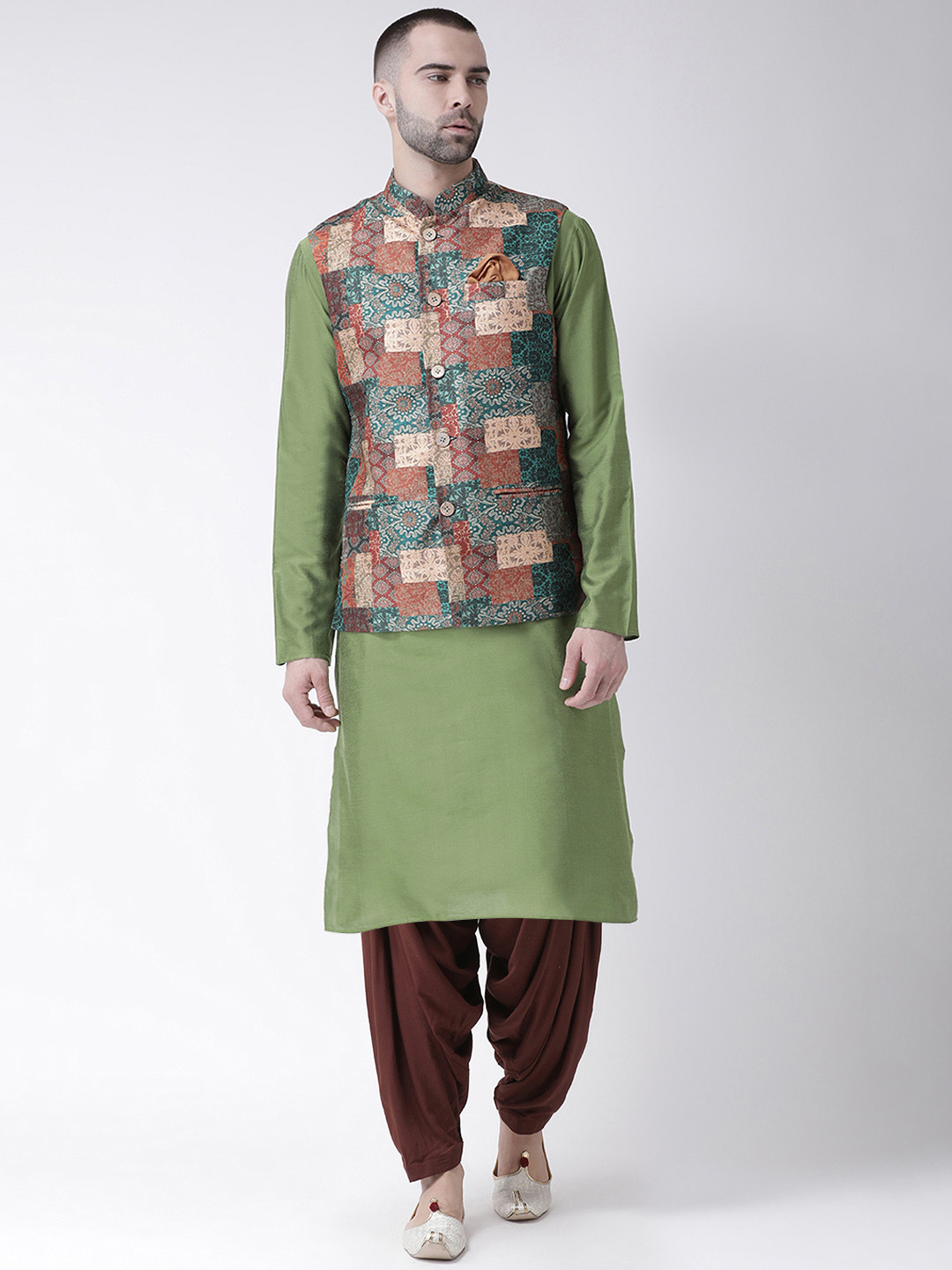 

KISAH Men Green & Brown Kurta Set