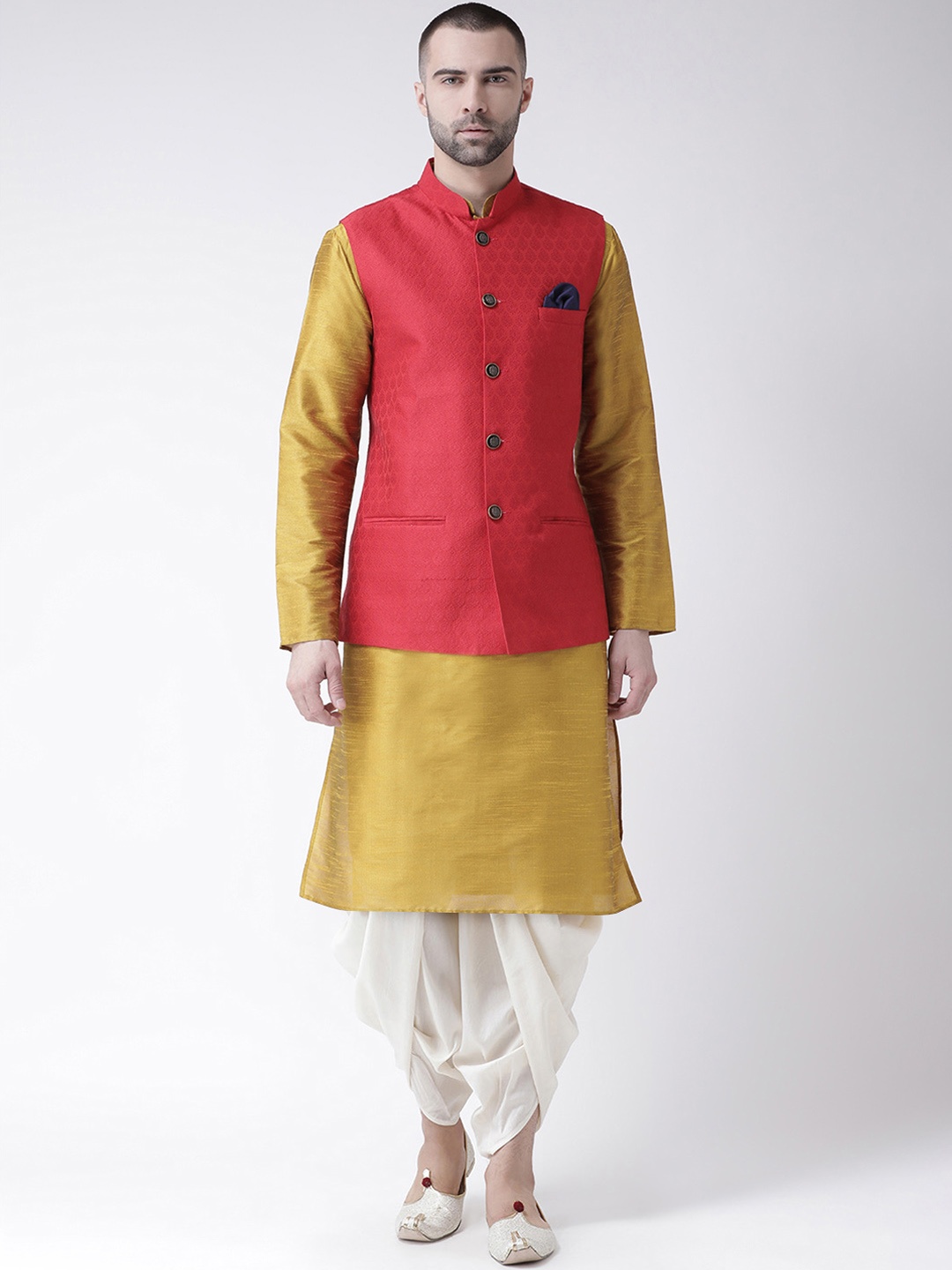 

KISAH Men Red & Mustard Yellow Kurta Set with Nehru Jacket
